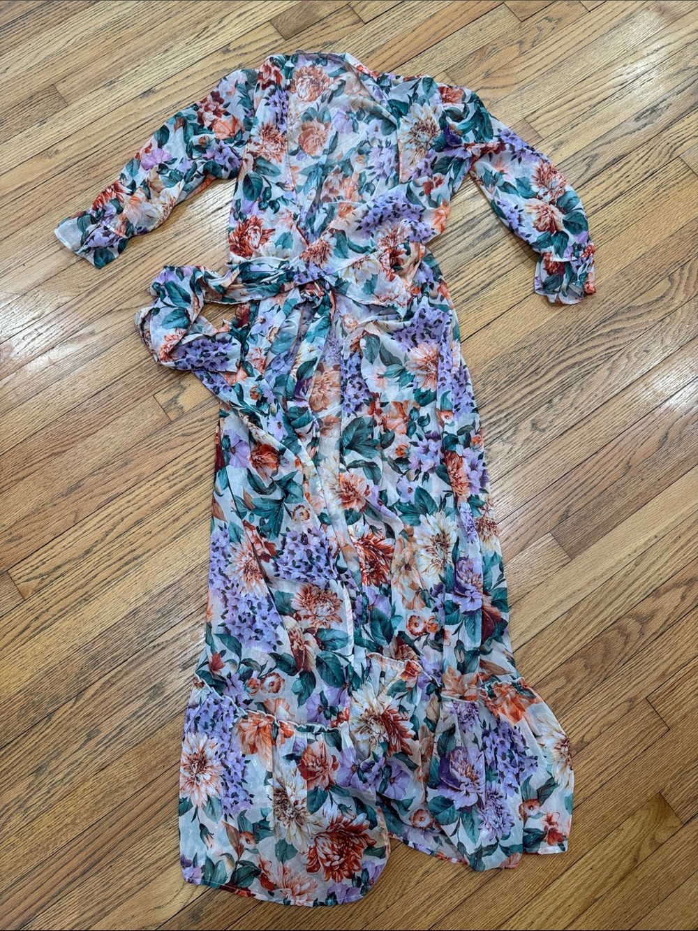 Express Floral Wrap Maxi Dress in Lavender, Green & Orange